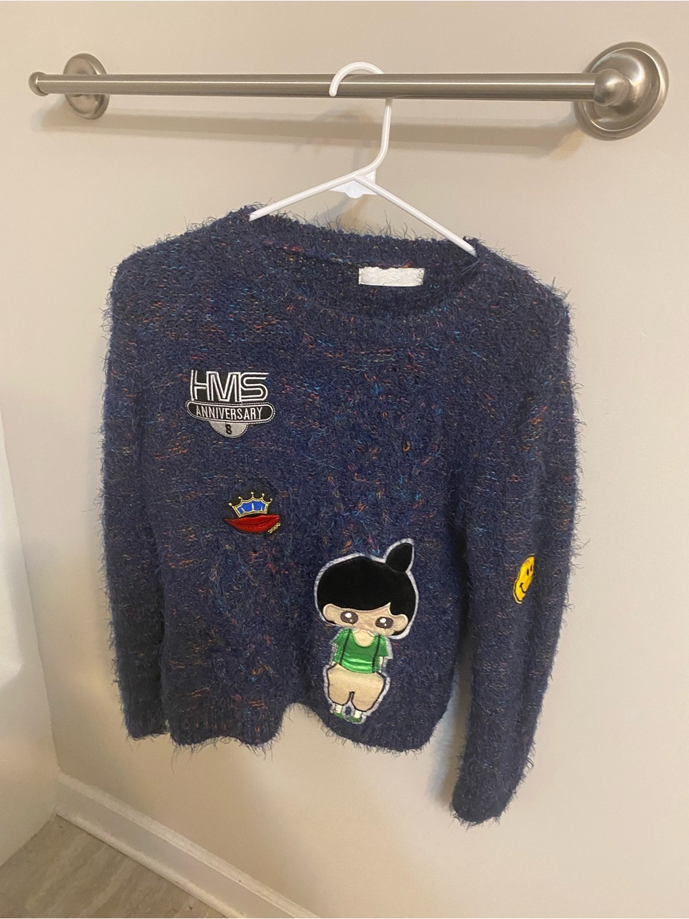 Navy Fuzzy Patchwork Sweater with Cute Character